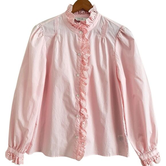 Pink Ruffled Lace Trim Button Front Blouse M Cottagecore Edwardian Romantic Top - Picture 1 of 9